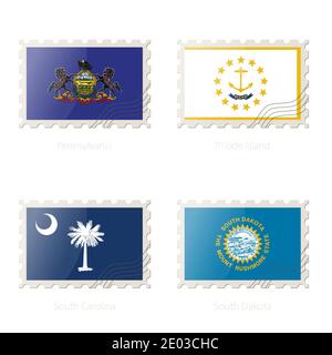 Francobollo con l'immagine della Pennsylvania, Rhode Island, South Carolina, South Dakota state Flag. Illustrazione vettoriale. Illustrazione Vettoriale