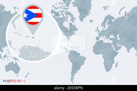 Mappa del mondo centrata sull'America con Porto Rico ingrandito. Bandiera blu e mappa di Porto Rico. Illustrazione vettoriale astratta. Illustrazione Vettoriale