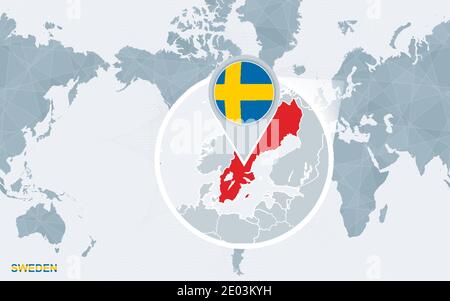 Mappa del mondo centrata sull'America con la Svezia ingrandita. Bandiera blu e mappa della Svezia. Illustrazione vettoriale astratta. Illustrazione Vettoriale
