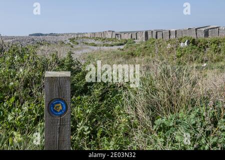 Spiaggia e costa di Aberthaw con blocchi anticarro e un cartello Wales Coast Path, vale of Glamorgan, Galles meridionale Foto Stock