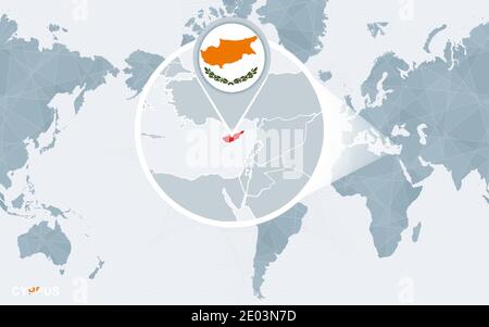 Mappa mondiale centrata sull'America con Cipro ingrandita. Bandiera blu e mappa di Cipro. Illustrazione vettoriale astratta. Illustrazione Vettoriale