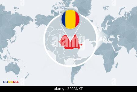 Mappa del mondo centrata sull'America con la Romania ingrandita. Bandiera blu e mappa della Romania. Illustrazione vettoriale astratta. Illustrazione Vettoriale