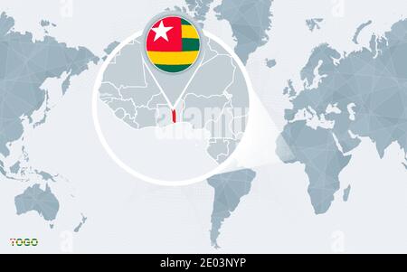 Mappa del mondo centrata sull'America con il Togo ingrandito. Bandiera blu e mappa del Togo. Illustrazione vettoriale astratta. Illustrazione Vettoriale