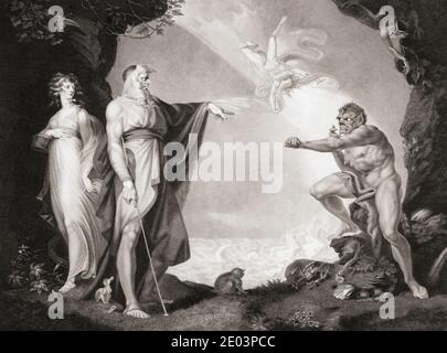 Illustrazione del gioco di William Shakespeare The Tempest, Act i, Scene II Da un'incisione del XVIII secolo di John Simon, dopo un'opera di Henry Fuseli. Foto Stock