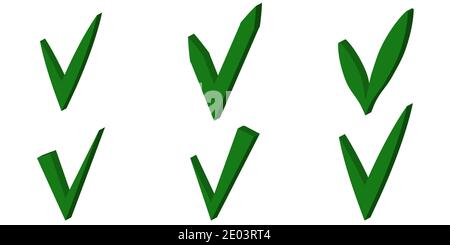 Impostare segno di spunta verde 3D segno di OK, segno di spunta vettore selezioni di approvazione Illustrazione Vettoriale
