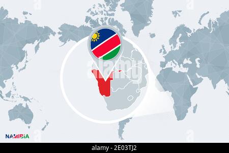 Mappa del mondo centrata sull'America con la Namibia ingrandita. Bandiera blu e mappa della Namibia. Illustrazione vettoriale astratta. Illustrazione Vettoriale