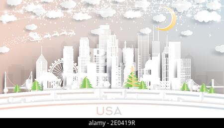 Skyline di USA City in stile Paper Cut con fiocchi di neve, Luna e Neon Garland. Illustrazione vettoriale. Natale e Capodanno. Babbo Natale sulla slitta Illustrazione Vettoriale