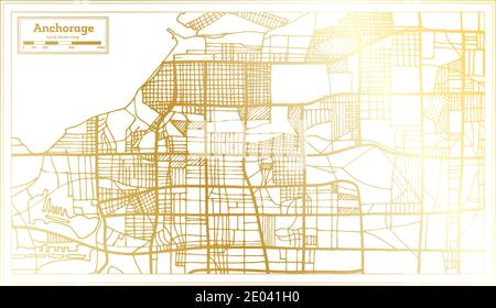 Anchorage Alaska USA Mappa della città in stile retro in colore dorato. Mappa di contorno. Illustrazione vettoriale. Illustrazione Vettoriale