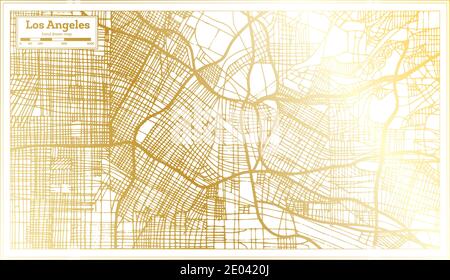 Mappa di Los Angeles California USA in stile retro in colore dorato. Mappa di contorno. Illustrazione vettoriale. Illustrazione Vettoriale