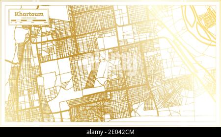 Mappa della città di Khartoum Sudan in stile retro in colore dorato. Mappa di contorno. Illustrazione vettoriale. Illustrazione Vettoriale