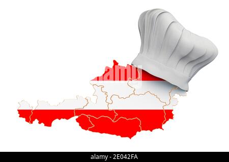 Concetto di cucina nazionale austriaca. Cappello da chef con mappa dell'Austria. Rendering 3D isolato su sfondo bianco Foto Stock