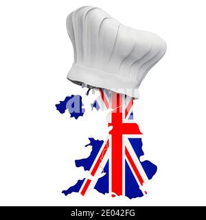 Concetto di cucina nazionale britannica. Cappello da chef con mappa del Regno Unito. Rendering 3D isolato su sfondo bianco Foto Stock