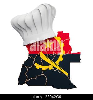 Concetto di cucina nazionale angolana. Cappello chef con mappa di Angola. Rendering 3D isolato su sfondo bianco Foto Stock