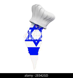 Concetto di cucina nazionale israeliana. Cappello chef con mappa di Israele. Rendering 3D isolato su sfondo bianco Foto Stock