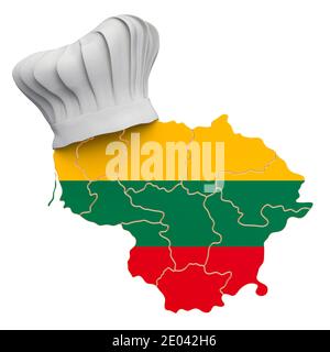 Concetto di cucina nazionale lituana. Cappello chef con mappa della Lituania. Rendering 3D isolato su sfondo bianco Foto Stock