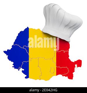 Concetto di cucina nazionale rumena. Cappello chef con mappa della Romania. Rendering 3D isolato su sfondo bianco Foto Stock