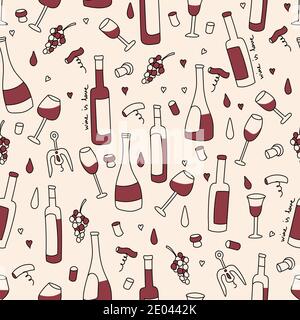 Pattern vettoriale senza giunture in stile doodle. Vino rosso, bicchiere, cavatappi. Per la stampa di carta, tessuti, design. Illustrazione Vettoriale