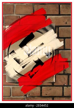 DANIMARCA seconda guerra mondiale d'epoca secondo guerra mondiale poster di propaganda anti-nazista che mostra un poster di swastika nazista su un muro di mattoni coperto da strisce di vernice rossa e bianca per simboleggiare la bandiera danese e la vittoria totale su nazisti e nazisti tedeschi. Danimarca 1945 Foto Stock