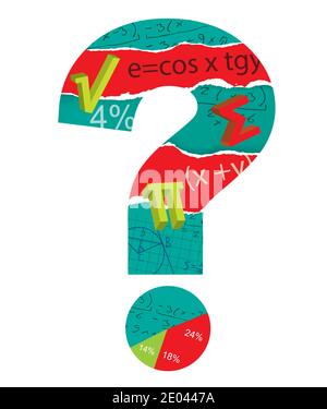 Test matematico, punto interrogativo. Illustrazione dei simboli matematici all'interno del punto interrogativo sullo sfondo arancione. Vettore disponibile. Illustrazione Vettoriale