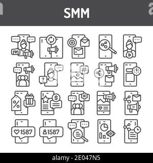 Set di icone nere della linea di promozione degli strumenti SMM. Elemento vettoriale isolato. Illustrazione Vettoriale
