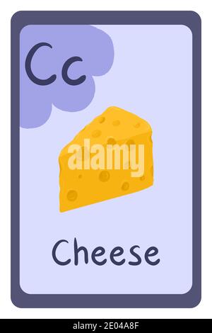 Cartoni animati alfabeto alimentare flash card per l'istruzione. Lettera C - formaggio. Illustrazione vettoriale. Scuola, istruzione, studio, apprendimento. Illustrazione Vettoriale