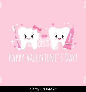 Coppia di denti innamorati di dentifricio, spazzolino da denti, cuori e scintille. Illustrazione Vettoriale