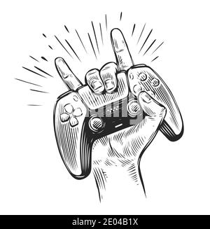 Controller di gioco in mano. Vettore di schizzo del gamepad video Illustrazione Vettoriale
