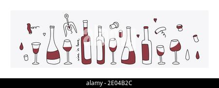 Vino rosso, bicchiere, cavatappi. Elementi di disegno vettoriali in stile doodle. Opzioni di bottiglia di vino. Design semplice e piatto. Illustrazione Vettoriale