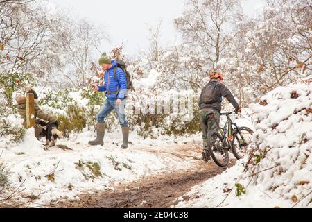 Persone che si godono a piedi e in bicicletta in boschi innevati in Inverno su Bosley Cloud vicino a Congleton Cheshire Inghilterra UK Foto Stock