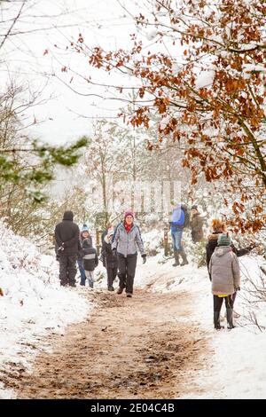 Persone che camminano lungo un sentiero in bosco innevato Inverno su Bosley Cloud vicino a Congleton Cheshire Inghilterra UK Foto Stock