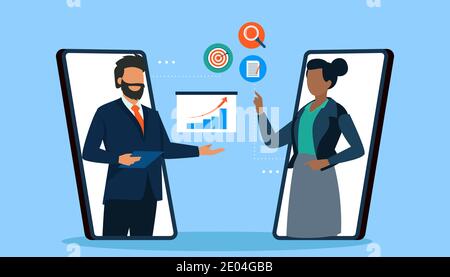 Vettore di un uomo d'affari e di una donna d'affari che chattano in linea che discute l'investimento opportunità Illustrazione Vettoriale