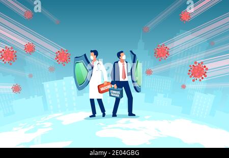 Vettore di un medico che indossa maschera di protezione, scatola di vaccino e un uomo d'affari con pacchetto di stimolo contro la pandemia di Coronavirus Illustrazione Vettoriale