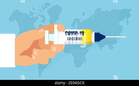 Vettore di una mano del medico che tiene una siringa con un vaccino covid-19 su sfondo mappa mondiale Illustrazione Vettoriale