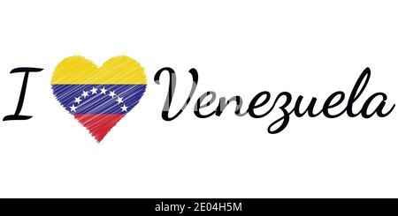 Amo il paese Venezuela, testo cuore Doodle, vettore testo calligrafico, mi piace Venezuela bandiera cuore patriot VE Illustrazione Vettoriale