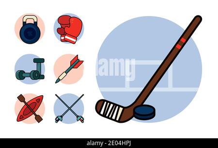 icona di bastone di hockey ed elementi sportivi su sfondo bianco, stile di linea e riempimento, illustrazione vettoriale Illustrazione Vettoriale