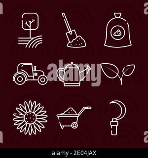 il trattore agricolo e le relative icone vengono raccolte su sfondo rosso, stile a mezza linea, illustrazione vettoriale Illustrazione Vettoriale