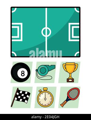 campo da basket e icona sportiva su sfondo bianco, stile riempimento linea, illustrazione vettoriale Illustrazione Vettoriale