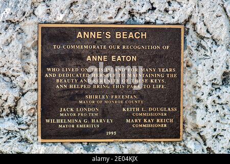 Placca di ottone per Anne's Beach County Park nelle Flroida Keys. Foto Stock
