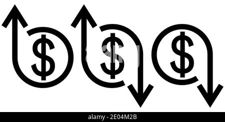 Icona di sviluppo della crisi fiorente, vettore simbolo del dollaro e freccia su e giù, concetto di crisi economica e di sviluppo delle imprese Illustrazione Vettoriale
