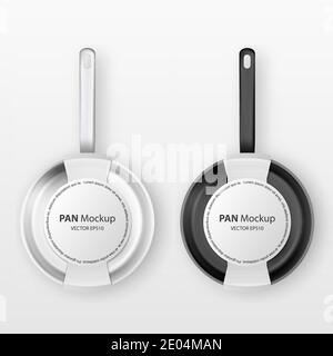 Padella vuota Vector 3d Realistic Steel Grey Silver e Black con set di etichette in carta Chioseup isolato su sfondo bianco. Modello di progetto per Mockup Illustrazione Vettoriale