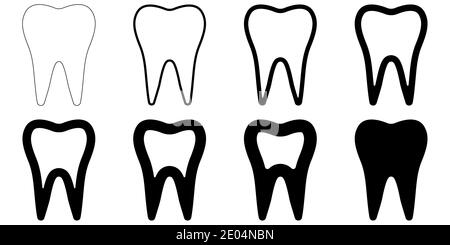 icona segno forma del dente, denti del gruppo vettoriale con diverso spessore del contorno, icone del dente dentale Illustrazione Vettoriale