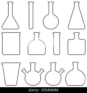 Set icone vasellame da laboratorio in vetro, matracci vettoriali e provette da laboratorio vasellame medico per ricerca in laboratorio Illustrazione Vettoriale