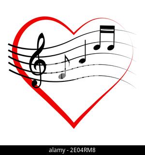 Logo icona cuore con note e treble clef, vettore segno amore per la musica, melomaniac simbolo Illustrazione Vettoriale