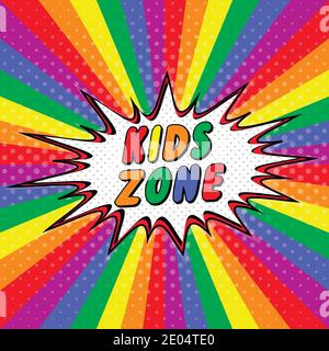 Colorate lettere bolla Kids zone vettore cartoon decorazione bambini sala giochi, pop art stile Rays Kids zona Illustrazione Vettoriale