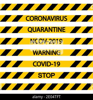 Nastro di quarantena senza cuciture Coronavirus vettore nastro di avvertimento scherma influenza, strisce diagonali nere e gialle, stop ncov, quarantena covid Illustrazione Vettoriale