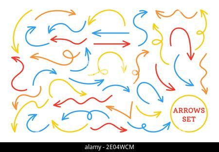 Frecce rosso brillante blu, set di linee infografiche gialle. Comics raccolta puntatore direzioni diverse. Vari curvi, arcuati artistico irregolare forme cursore freccia. Elementi di progettazione del segnale vettoriale Illustrazione Vettoriale
