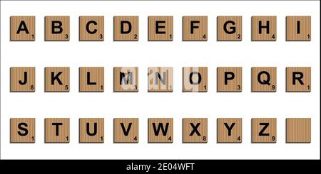 Piastrelle di legno scrabble lettere alfabetiche 3D realistico, parola vettoriale scrabble puzzle design elementi da tavolo modello di gioco Illustrazione Vettoriale