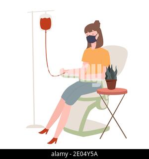 le donne che indossano la maschera si siedono sulla sedia donatore di sangue trasfusion pack da borsa con stile piatto Illustrazione Vettoriale