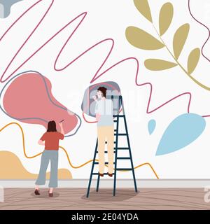 persone donne uomini pittura graffiti muro graffiti utilizzare scala con stile piatto Illustrazione Vettoriale