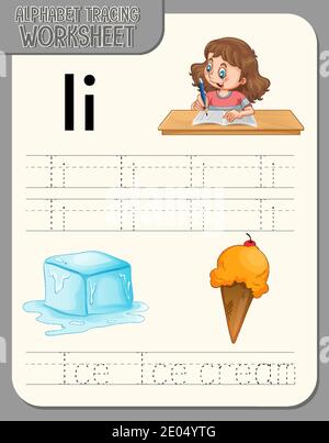 Foglio di lavoro di tracciamento dell'alfabeto con illustrazione della lettera e del vocabolario Illustrazione Vettoriale